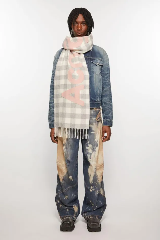 Acne Studios Check Logo Scarf Greypink Man Scarves