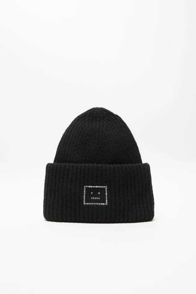 Acne Studios Embellished Face Logo Beanie Black Man Hats