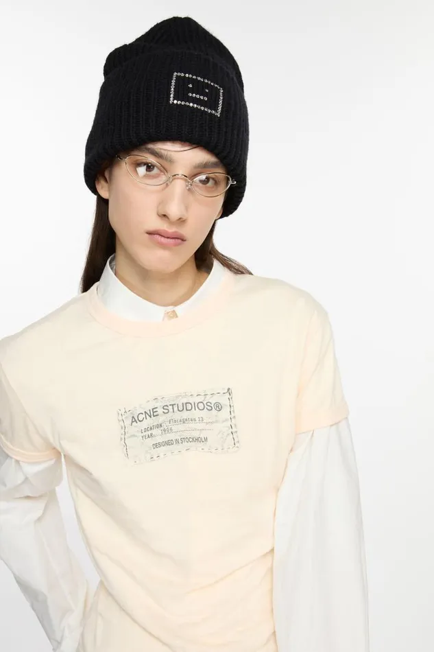 Acne Studios Embellished Face Logo Beanie Black Man Hats