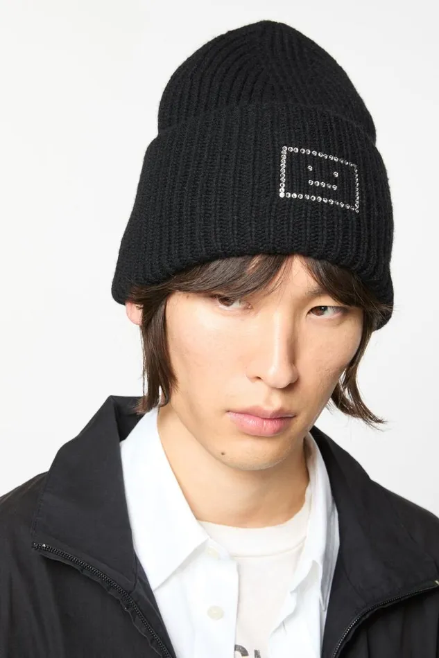 Acne Studios Embellished Face Logo Beanie Black Man Hats
