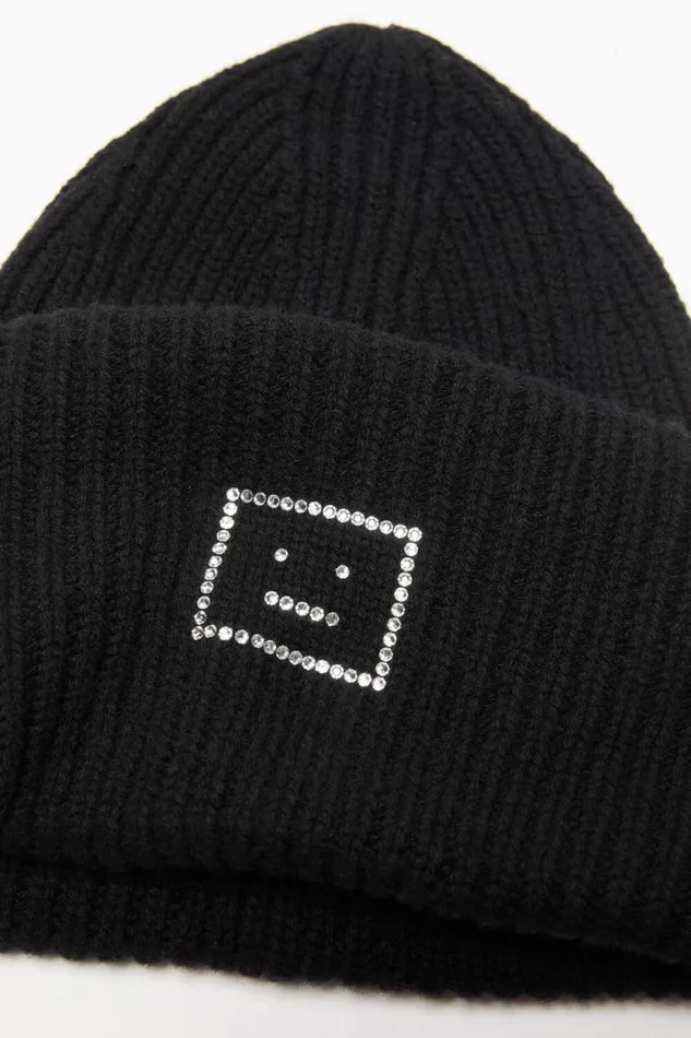Acne Studios Embellished Face Logo Beanie Black Man Hats