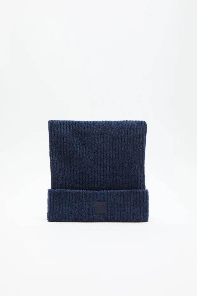 Acne Studios Face Logo Square Beanie Navy Melange Woman Hats