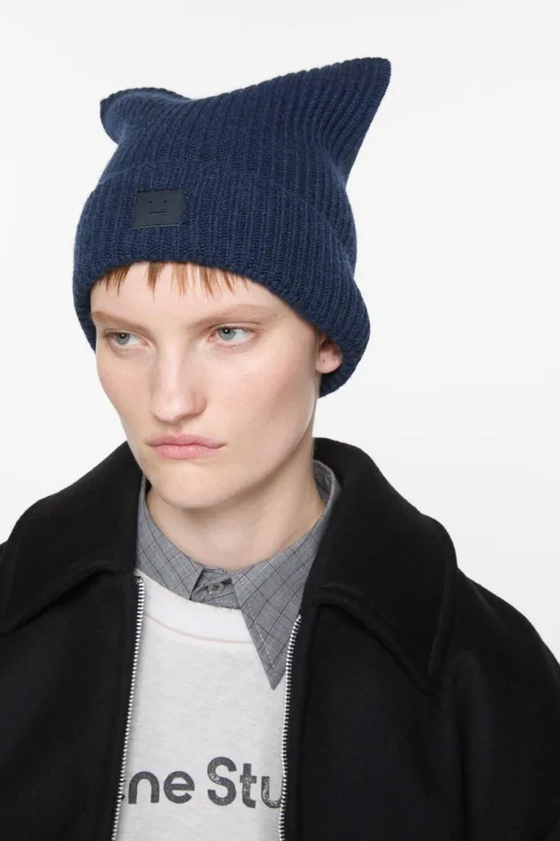 Acne Studios Face Logo Square Beanie Navy Melange Woman Hats