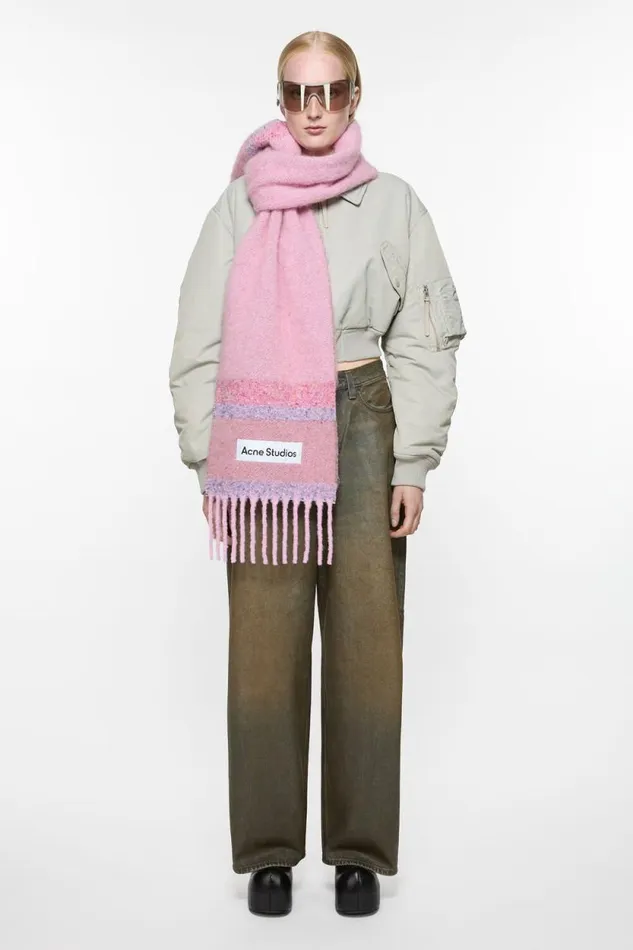 Acne Studios Fringed Scarf Logo Pink Man Scarves