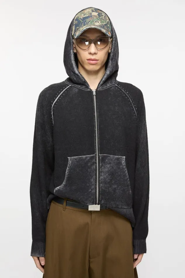Acne Studios Hooded Zipper Sweater Black Man Knitwear