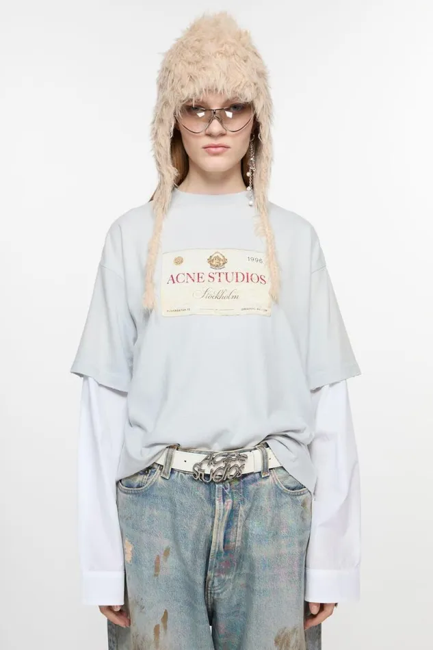 Acne Studios Layered Print Tshirt Light Grey Woman Tshirts