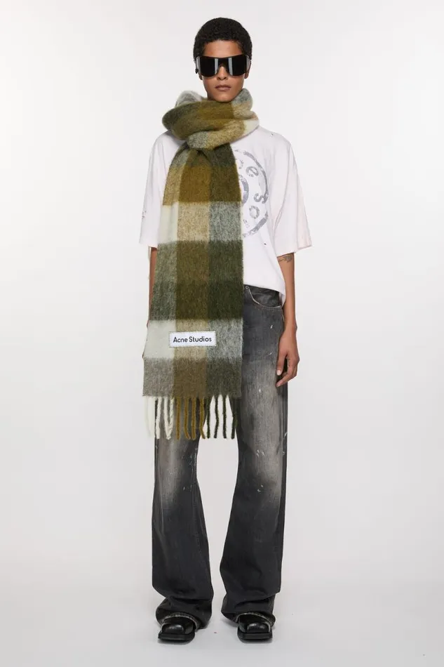 Acne Studios Mohair Checked Scarf Taupegreenblack Man Scarves