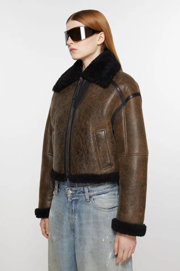 Acne Studios Shearling Jacket Dark Brownblack Woman Outerwear