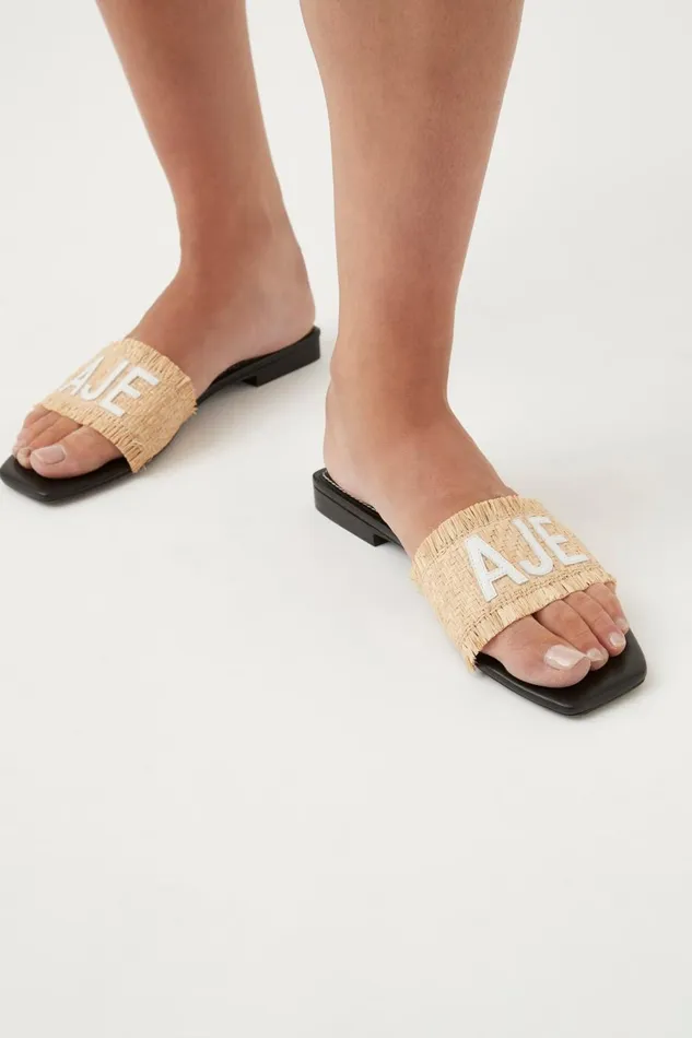 Aje Shoes Aurora Raffia Logo Flat Sandal Naturalblack 8211 Women