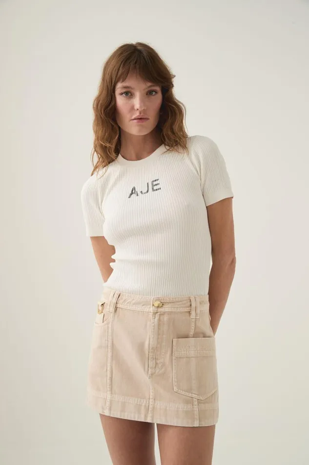 Aje Tees Depths Slim Fit Knit Tee Ivoryblack Logo 8211 Women