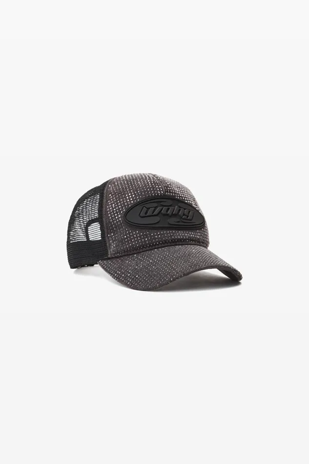 Alexander Wang Denim Women Logo Trucker Hat In Crystal Hotfix And Cotton Canvas