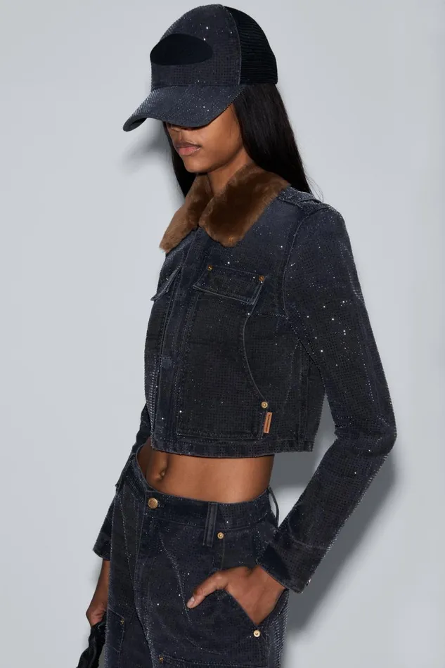 Alexander Wang Denim Women Logo Trucker Hat In Crystal Hotfix And Cotton Canvas