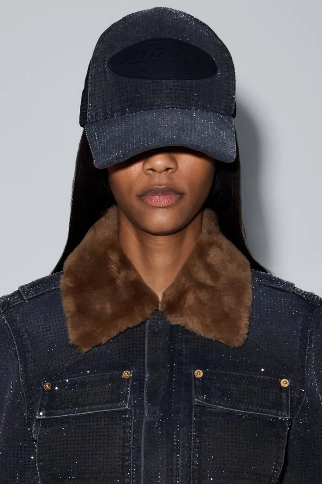 Alexander Wang Denim Women Logo Trucker Hat In Crystal Hotfix And Cotton Canvas