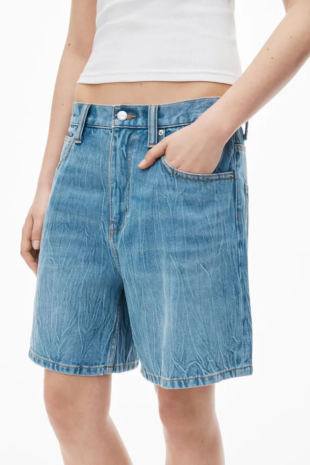Alexander Wang Denim Women Oversize MidRise Denim Shorts In Crease Effect