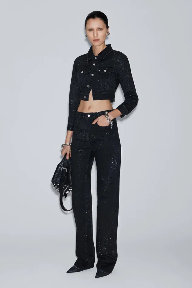 Alexander Wang Denim Women Shrunken Trucker Jacket In Crystal Hotfix Denim