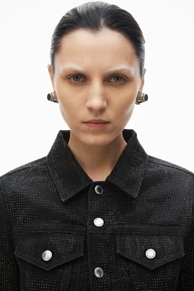 Alexander Wang Denim Women Shrunken Trucker Jacket In Crystal Hotfix Denim