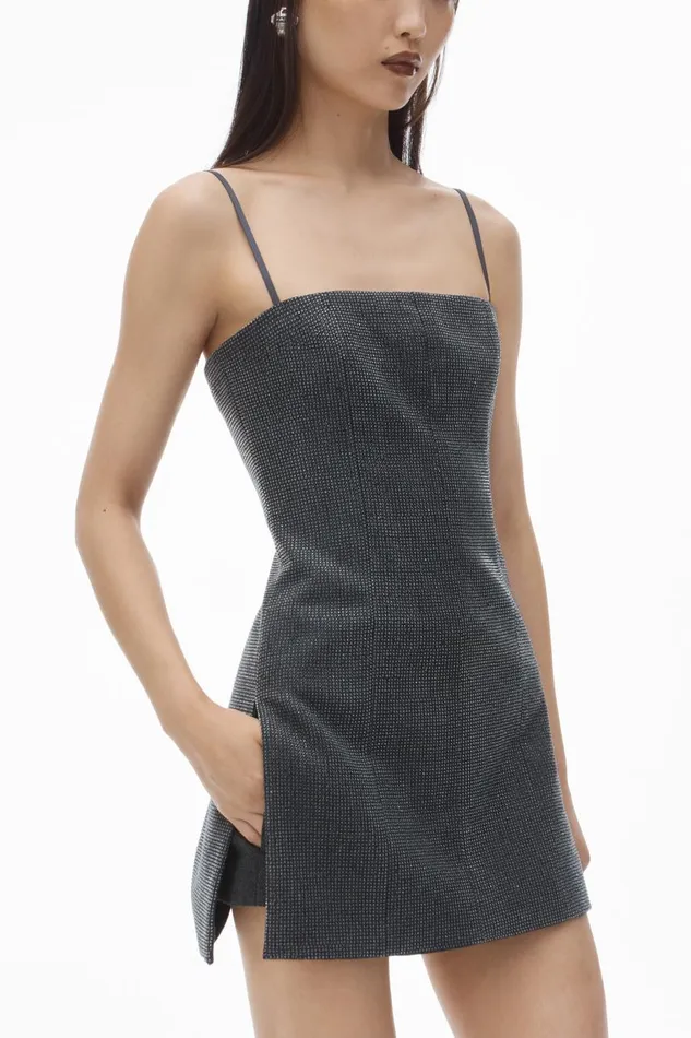 Alexander Wang Dresses Women Square Neck Minidress In Wool Twill With Crystal Hotfix