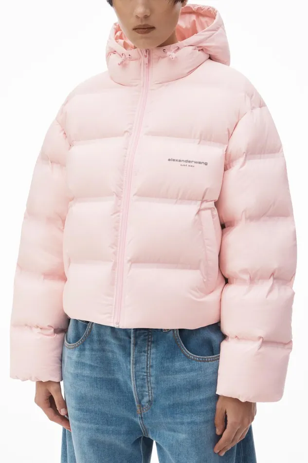 Alexander Wang Outerwear Women Cropped Hooded Puffer Coat With Reflective Logo