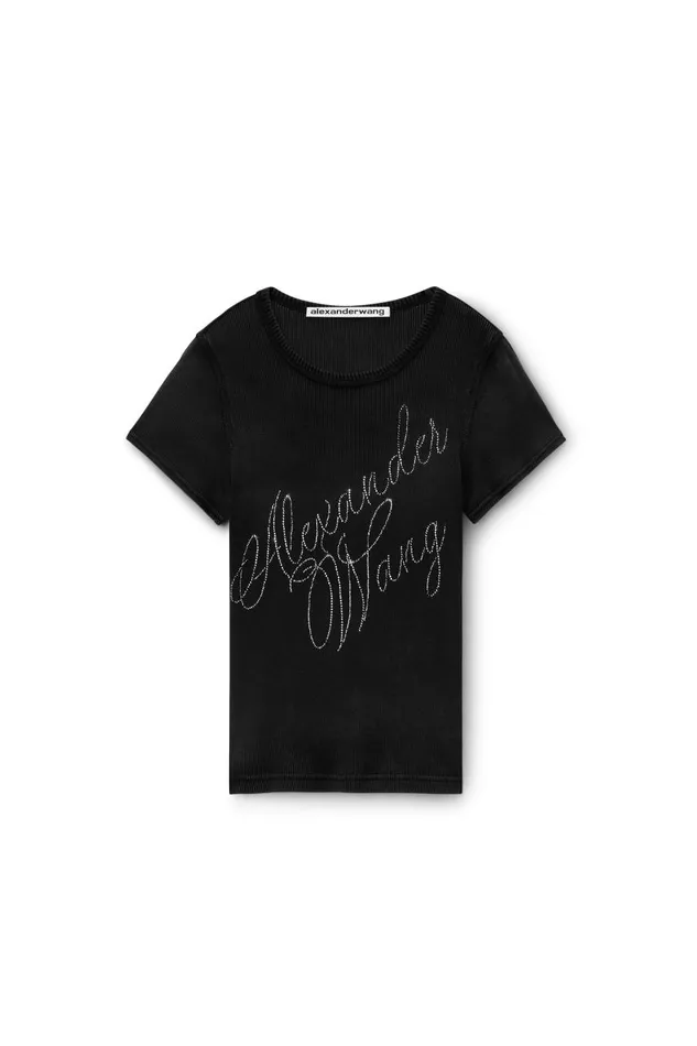 Alexander Wang TShirts Women Crystal Hotfix Tee In Ribbed Jersey