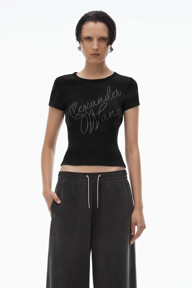 Alexander Wang TShirts Women Crystal Hotfix Tee In Ribbed Jersey