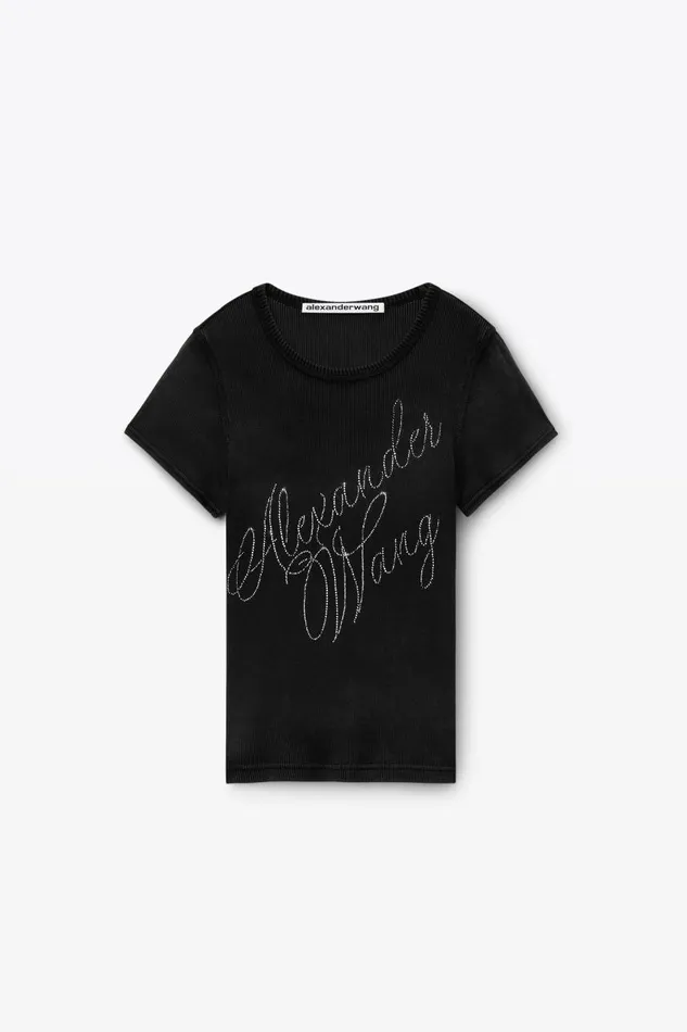 Alexander Wang TShirts Women Crystal Hotfix Tee In Ribbed Jersey