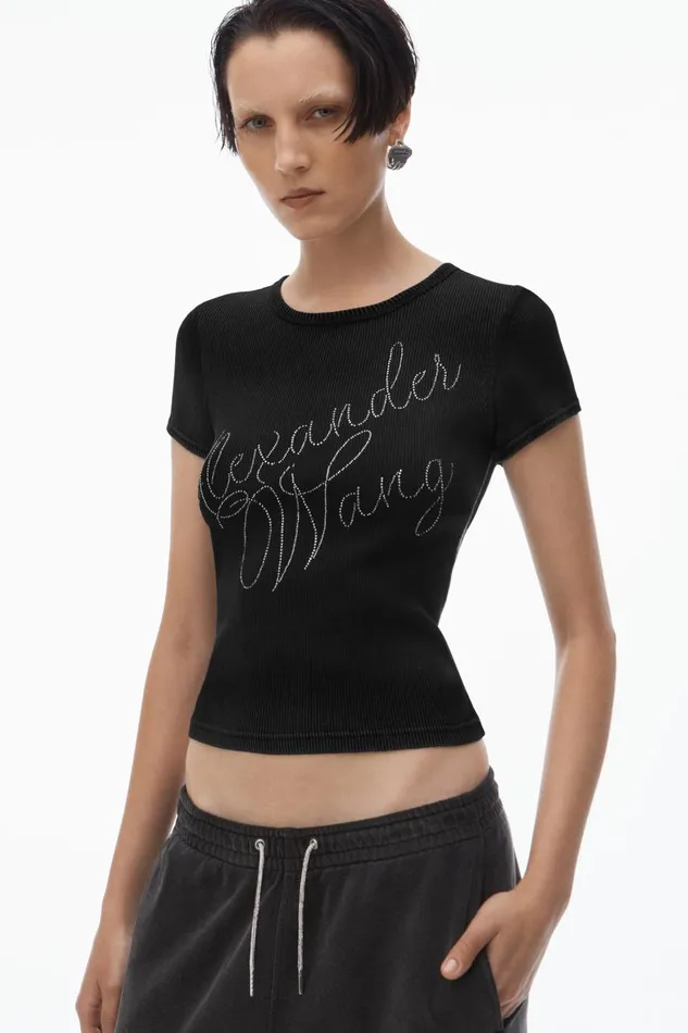 Alexander Wang TShirts Women Crystal Hotfix Tee In Ribbed Jersey