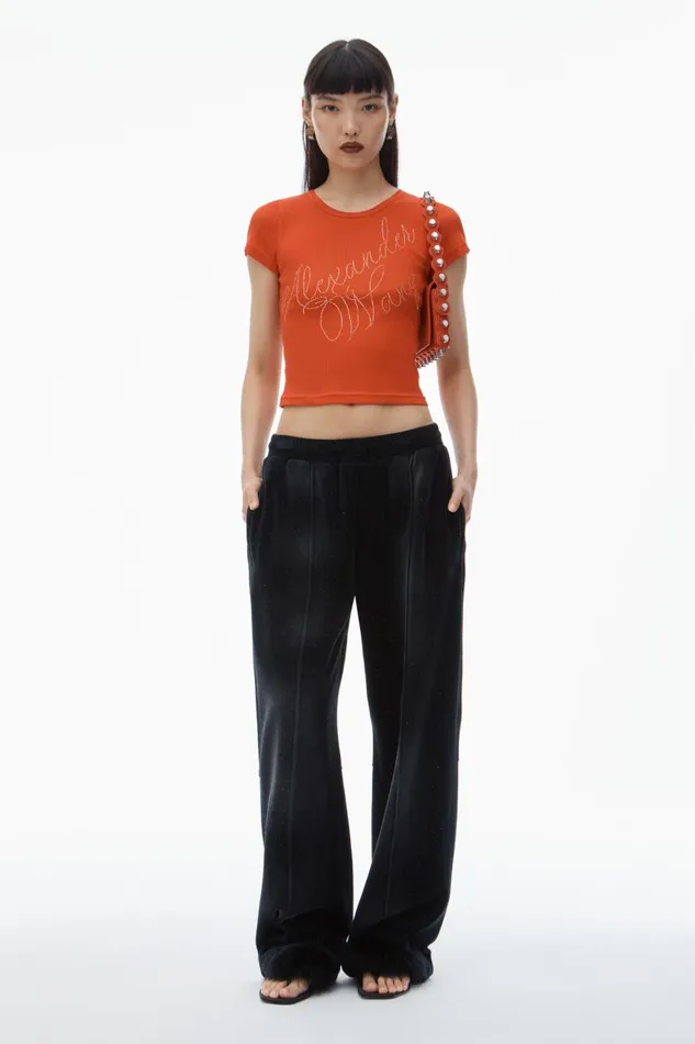 Alexander Wang TShirts Women Crystal Hotfix Tee In Ribbed Jersey