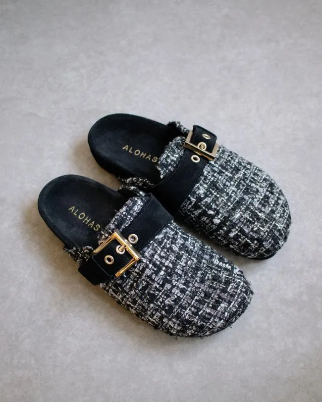 ALOHAS Clogs Cozy Tweed 8211 Black Leather Clogs 8211 Women
