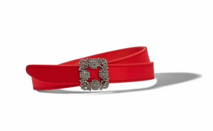 Belts Women Manolo Blahnik HANGISI BELT MINIRed Satin Crystal Buckled Belt