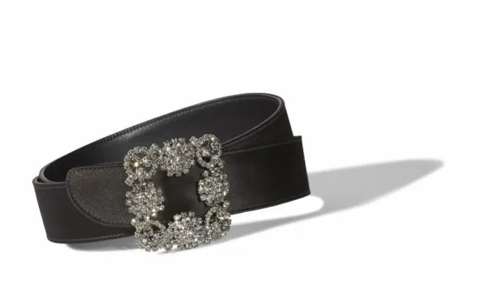 Belts Women Manolo Blahnik HANGISI BELTBlack Satin Crystal Buckled Belt
