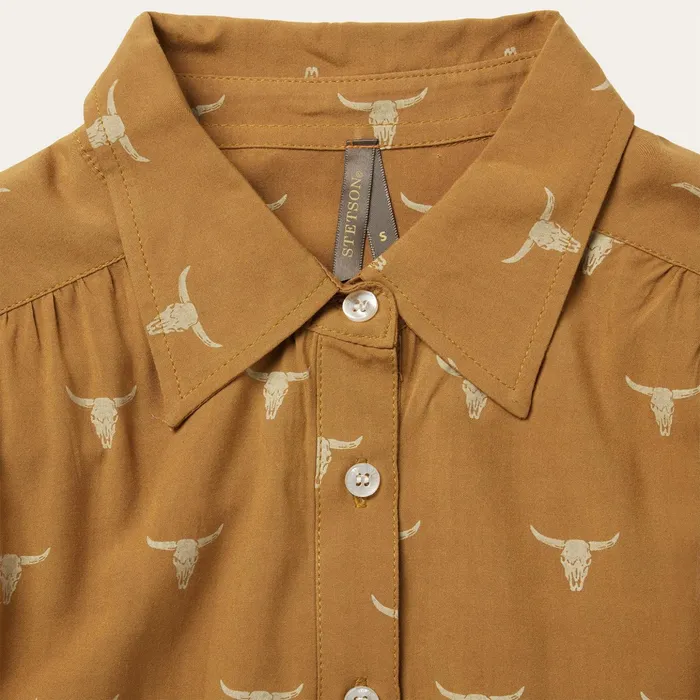 Blouses Women Stetson Mojave Longhorn Print Poet Blouse Brown