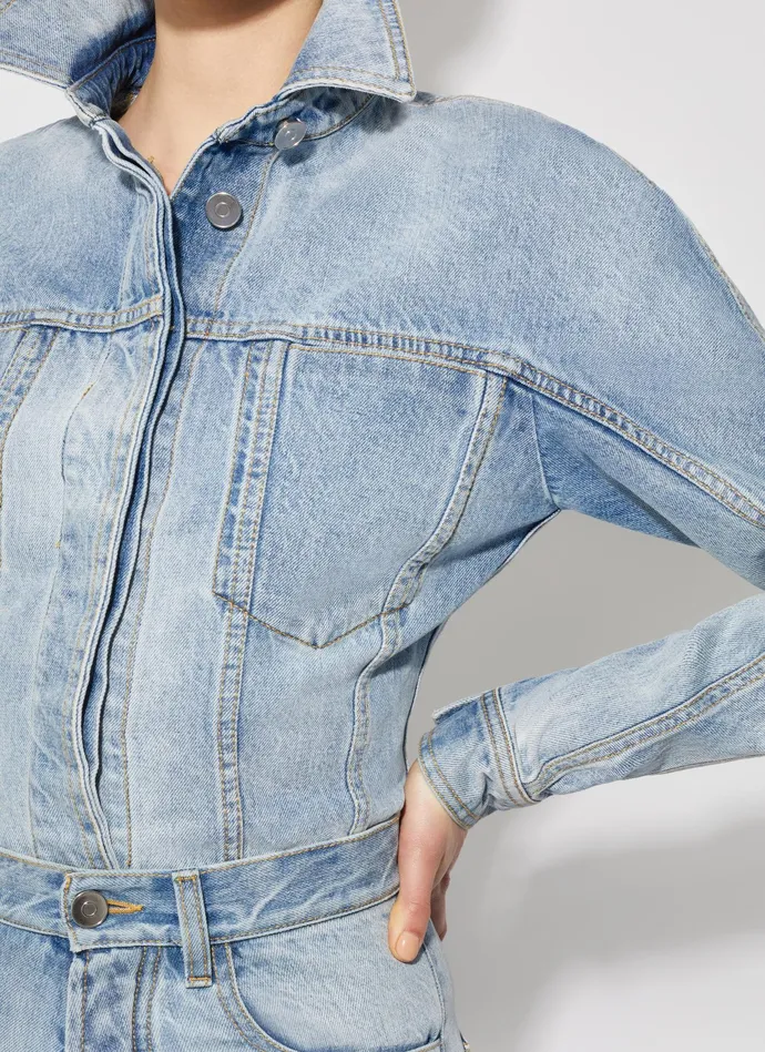Blue Fitted Denim Jacket Women Alaa Coats and Jackets