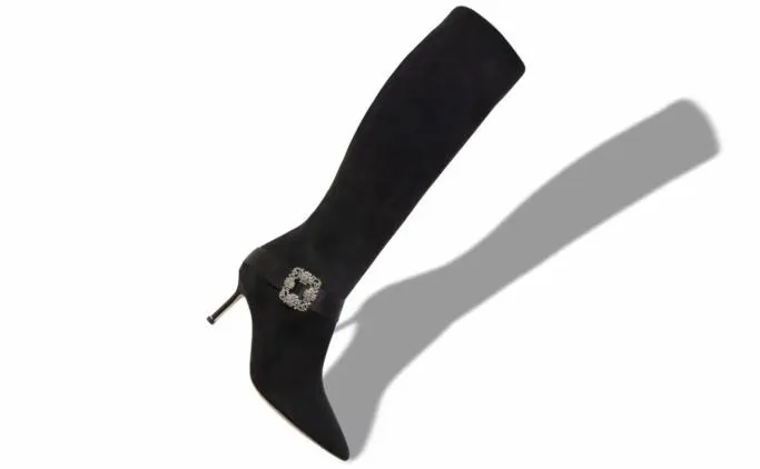 Boots Women Manolo Blahnik PLINIAHIBlack Suede Jewel Buckle Knee High Boots