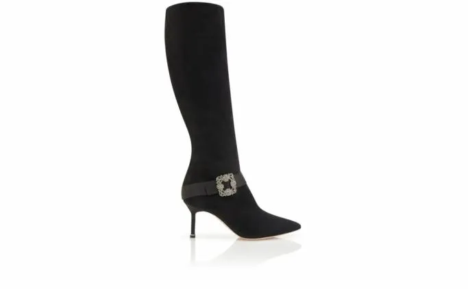 Boots Women Manolo Blahnik PLINIAHIBlack Suede Jewel Buckle Knee High Boots Boots Women Manolo Blahnik PLINIAHIBlack Suede Jewel Buckle Knee High Boots