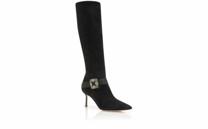 Boots Women Manolo Blahnik PLINIAHIBlack Suede Jewel Buckle Knee High Boots Boots Women Manolo Blahnik PLINIAHIBlack Suede Jewel Buckle Knee High Boots