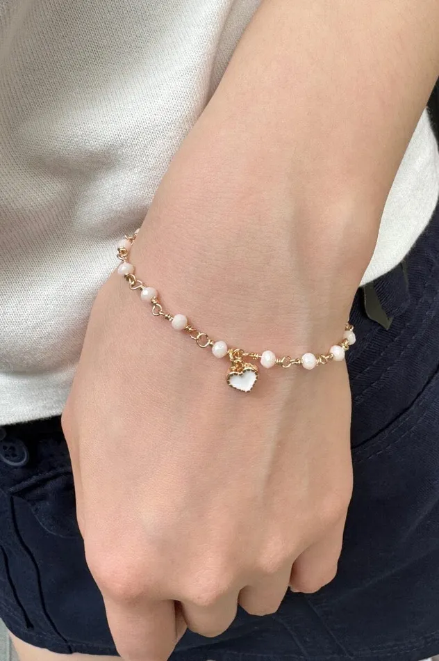 Brandy Melville Jewelry Pink Beaded Heart Charm Bracelet Gold 8211 Women