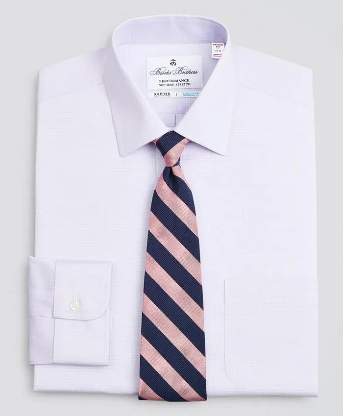 Brooks Brothers Dress Shirts Madison ClassicFit Dress Shirt Performance NonIron With COOLMAX Ainsley Collar Twill Check Lavender 8211 Men