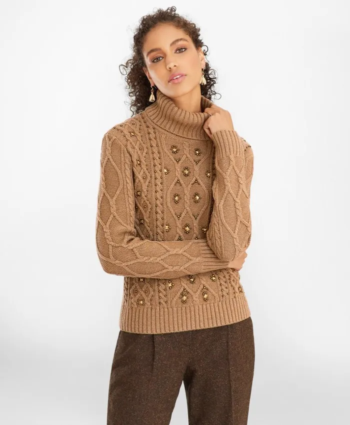 Brooks Brothers Sweaters Beaded CableKnit Sweater Light Brown 8211 Women
