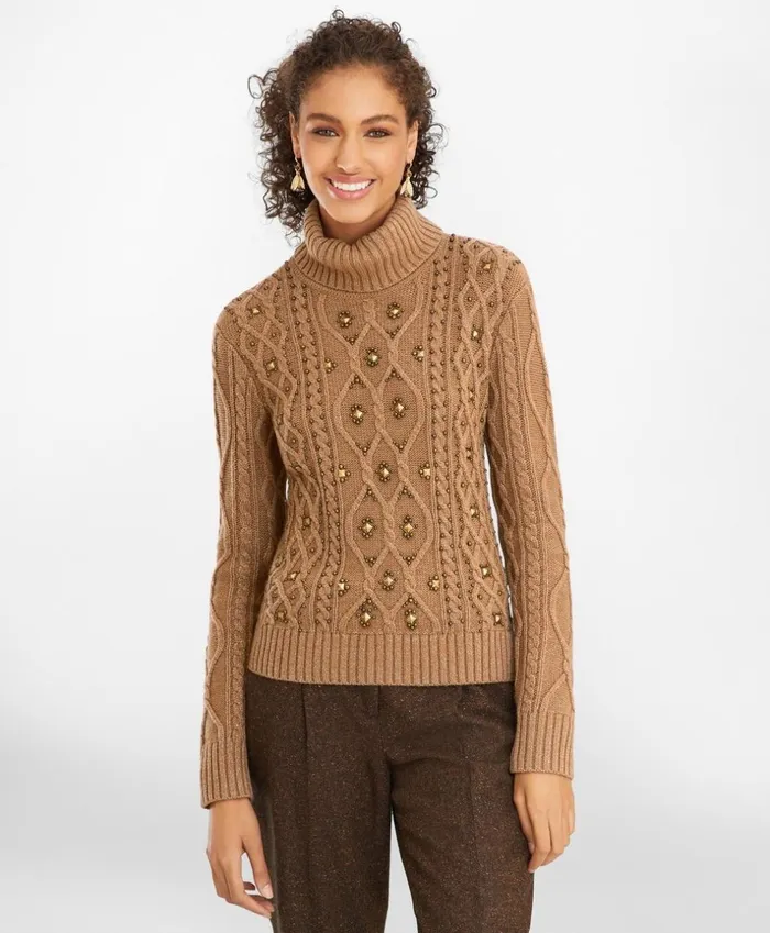 Brooks Brothers Sweaters Beaded CableKnit Sweater Light Brown 8211 Women Brooks Brothers Sweaters Beaded CableKnit Sweater Light Brown 8211 Women