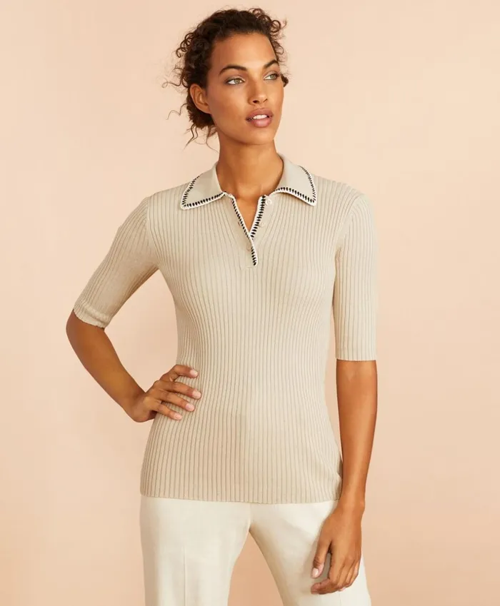 Brooks Brothers Sweaters RibKnit Cotton Polo Sweater Light Beige 8211 Women Brooks Brothers Sweaters RibKnit Cotton Polo Sweater Light Beige 8211 Women