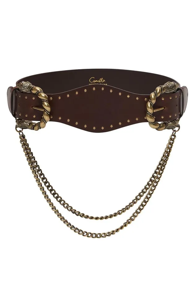 Camilla Belts Women Double Lion Buckle Belt With Chain Solid Brown