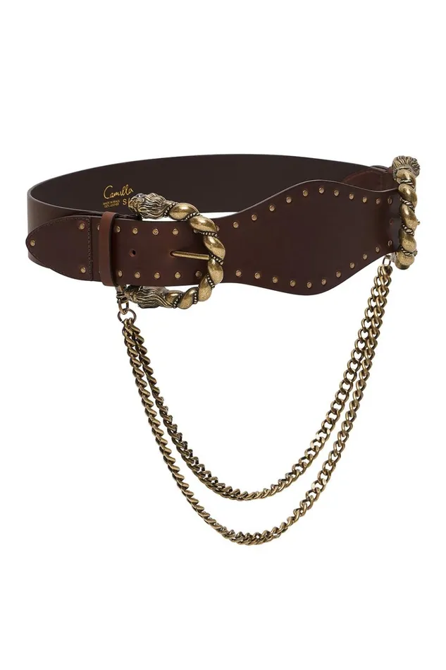 Camilla Belts Women Double Lion Buckle Belt With Chain Solid Brown