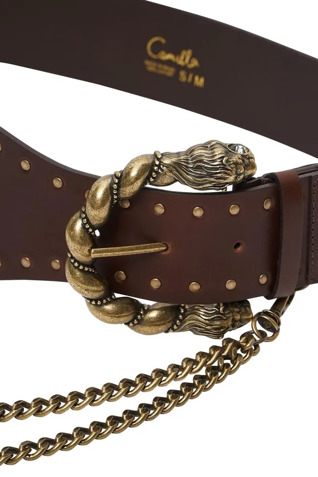 Camilla Belts Women Double Lion Buckle Belt With Chain Solid Brown
