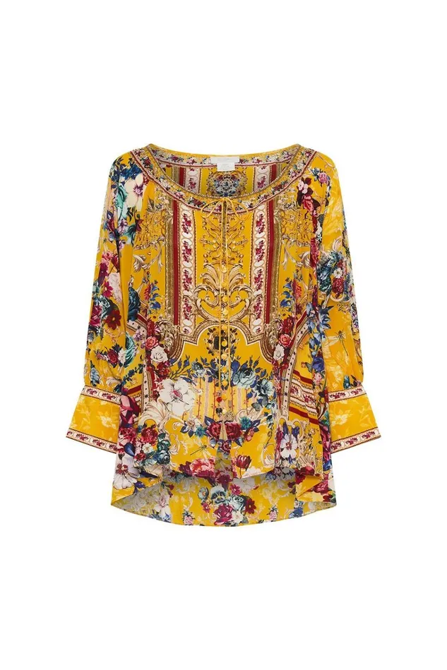 Camilla Modest Clothing Women Raglan Sleeve Button Up Top Crowned Roses