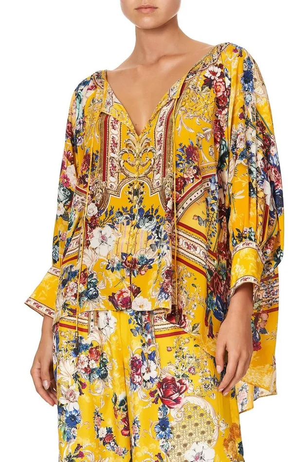 Camilla Modest Clothing Women Raglan Sleeve Button Up Top Crowned Roses