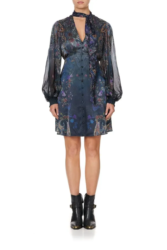 Camilla Party Dresses Women Blouson Dress With Neck Tie Festival Express