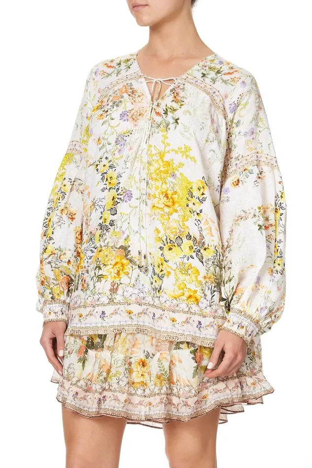 Camilla Tops Women Blouson Blouse With Neck Tie In The Hills Of Tuscany