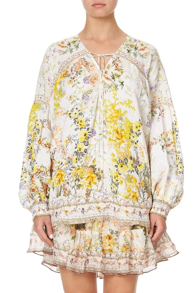 Camilla Tops Women Blouson Blouse With Neck Tie In The Hills Of Tuscany