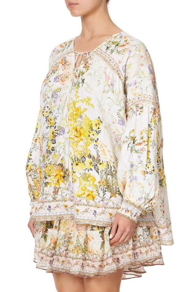 Camilla Tops Women Blouson Blouse With Neck Tie In The Hills Of Tuscany
