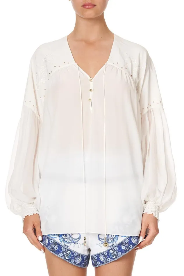 Camilla Tops Women Blouson Blouse With Neck Tie Solid White